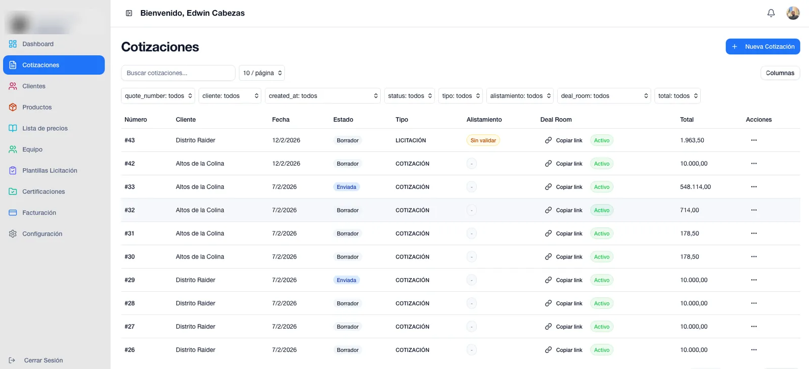 Quote list with filters by status, type and customer