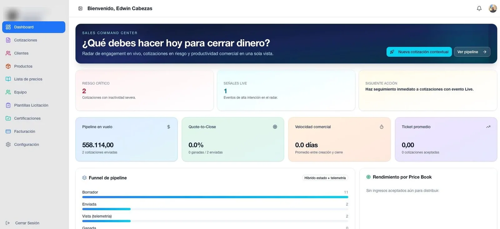 Sales dashboard of the quoting system with pipeline, risk and sales speed